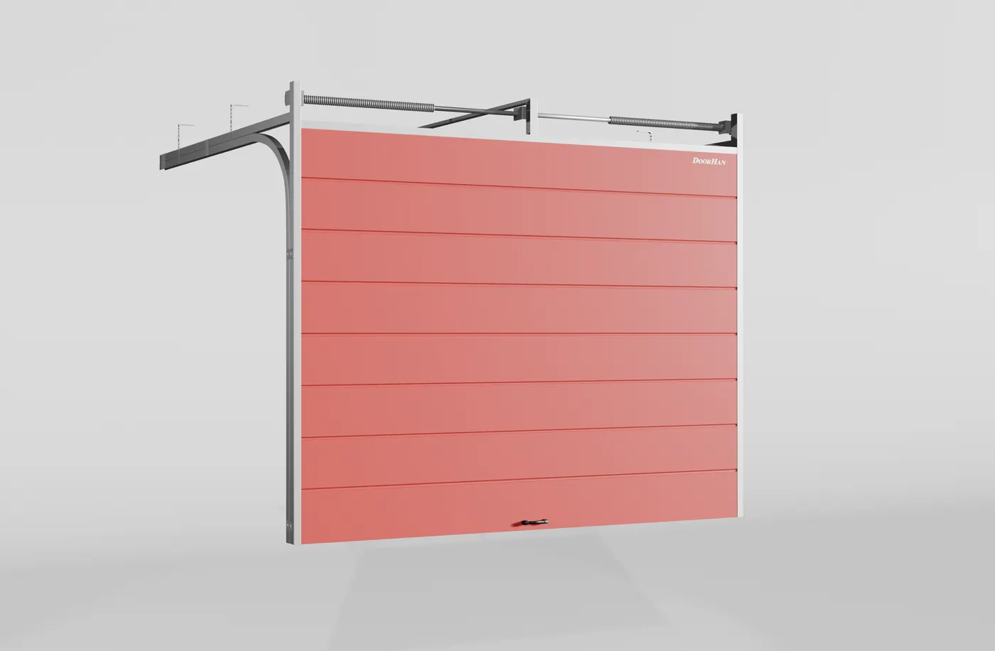 Секционные ворота DoorHan стальные 3400х2700 цвета RAL 3000 (красный) с дизайном «широкая центральная полоса» с автоматикой